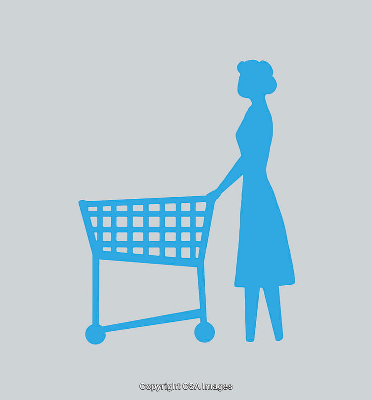 Blue Silhouette of Woman Shopping with Cart on Light Background