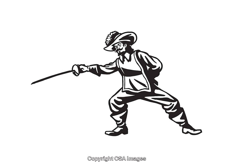 Black and White Line Art Illustration of a Historical Fencer