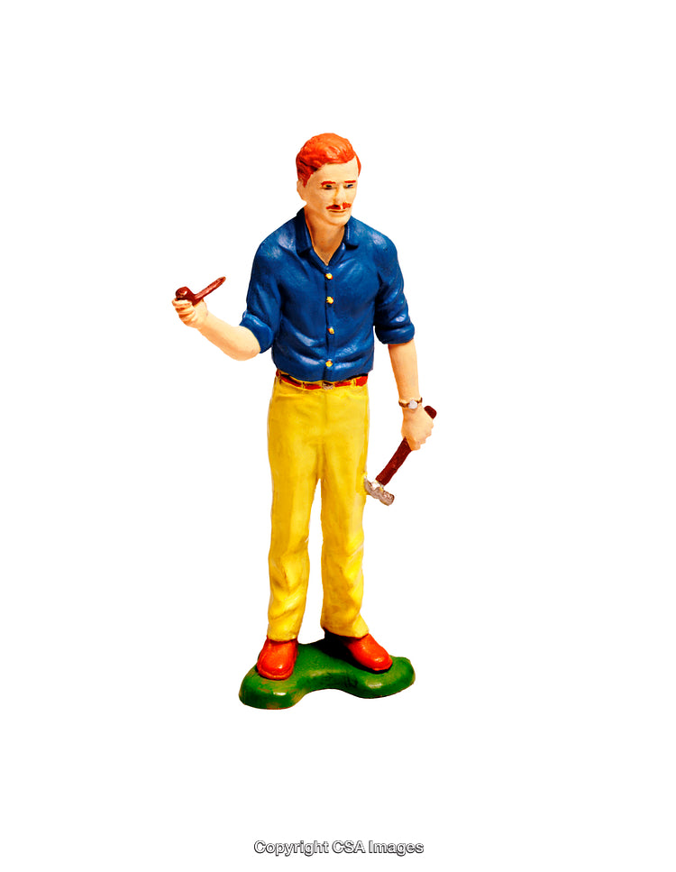Colorful Miniature Figure of a Man Holding a Tool and Pipe