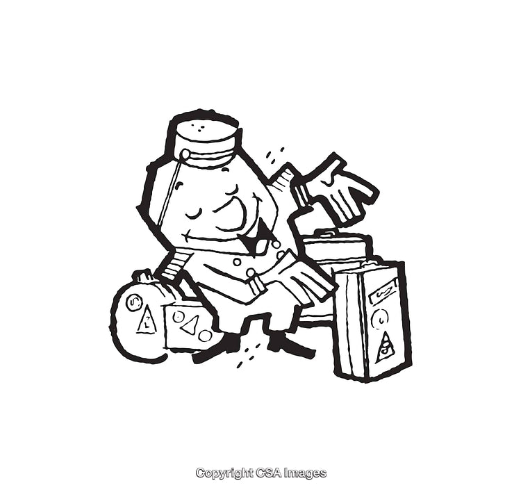 Black and White Line Art Featuring a Bellhop Cartoon Character