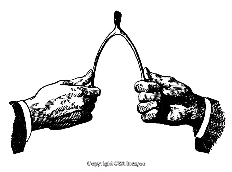 Two Hands Breaking a Wishbone in Black and White Engraving