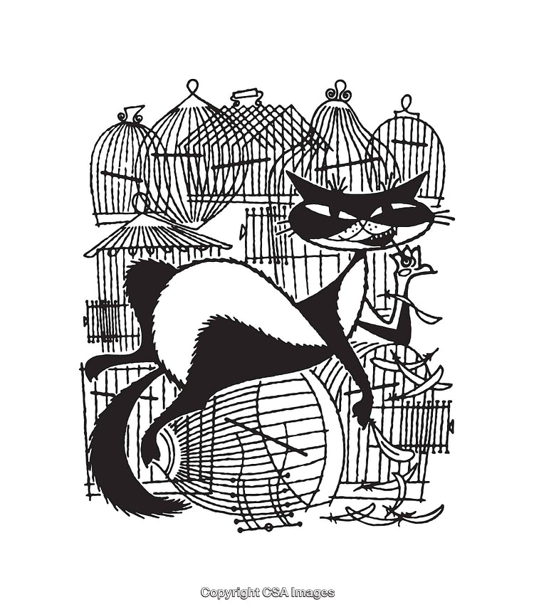 Whimsical Black and White Line Art of Cat Among Bird Cages