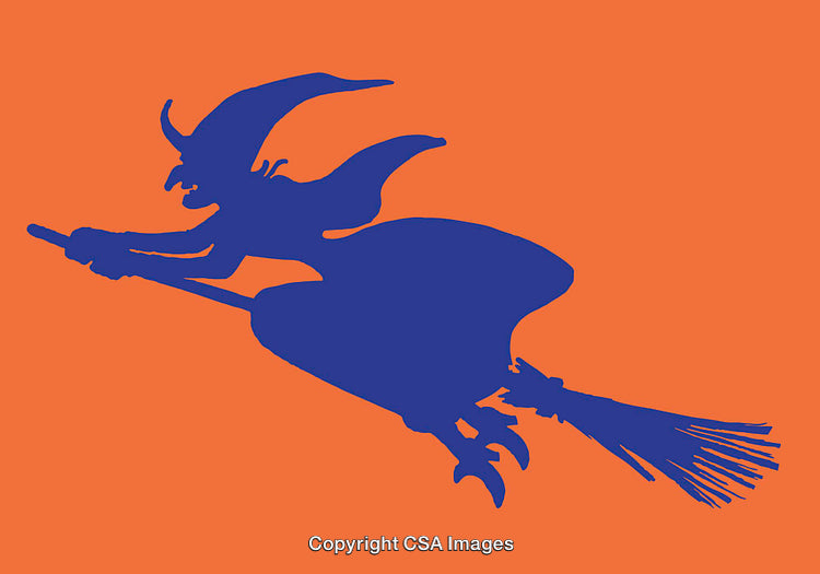 Silhouette of a Witch Flying on a Broomstick Against an Orange Background