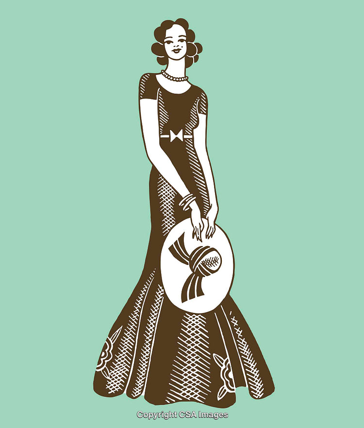 Stylized Vintage Woman Holding Hat Illustration on Colored Background