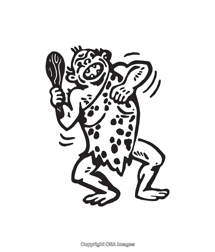 Black and White Cartoon Caveman Holding Club and Expressing Joy