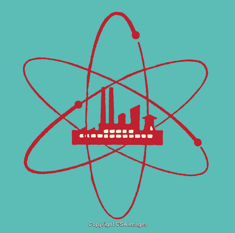 Minimalist Line Art of Industrial Facility and Atom Symbol