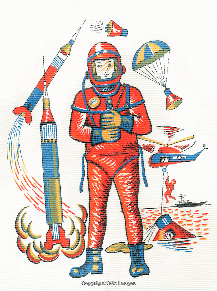 Retro Illustration Depicting a Space Exploration Astronaut and Rocket Launch