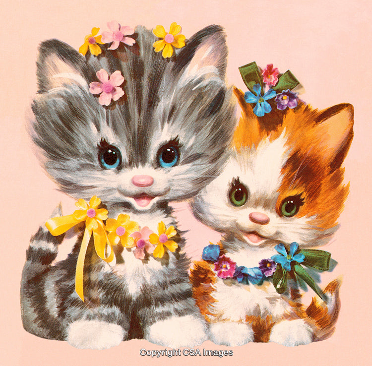 Adorable Cartoon Kittens with Floral Accessories on Peach Background