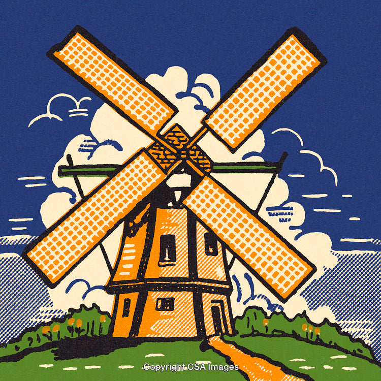 Colorful Illustration of a Vintage Windmill Against a Cloudy Blue Sky