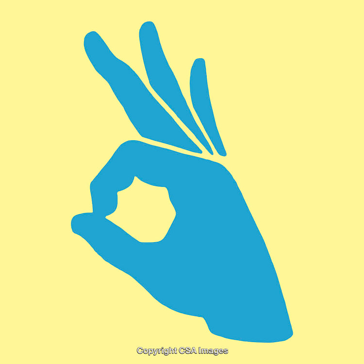 Blue Hand Gesture Silhouette on Yellow Background Depicting OK Symbol
