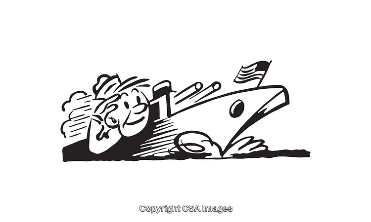 Cartoon Ship Illustration Featuring Friendly Smiling Character and American Flag