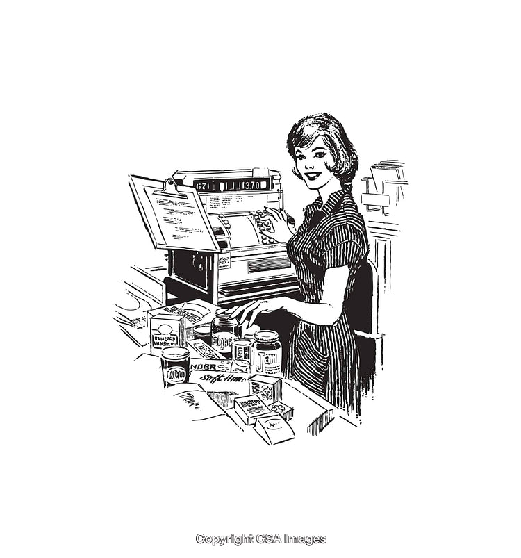 Retro Line Art Illustration of Woman at Old Cash Register Counter