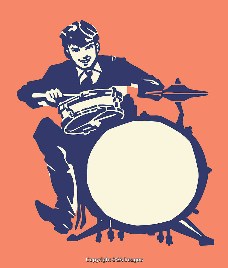 Vintage Style Illustration of a Drummer Playing Drum Kit