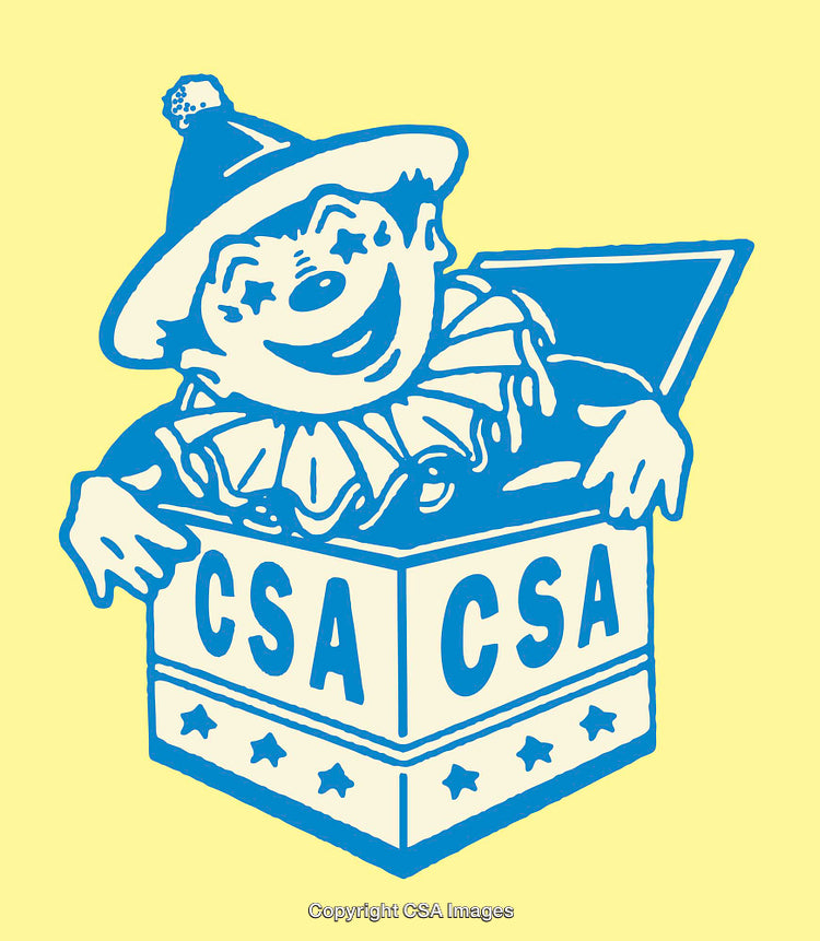 Blue Clown Illustration Emerging from Jack-in-the-Box on Yellow Background