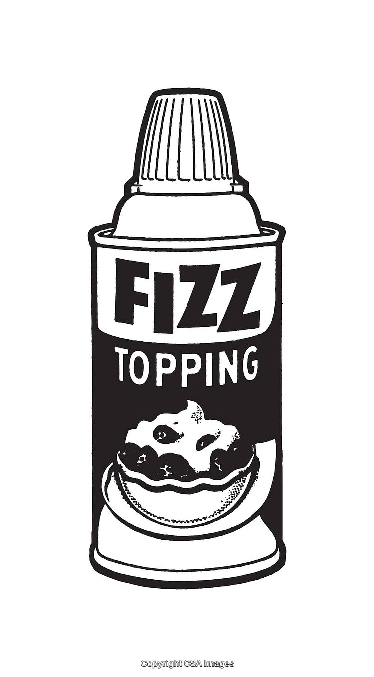 Black and White Illustration of Fizz Topping Bottle with Pie