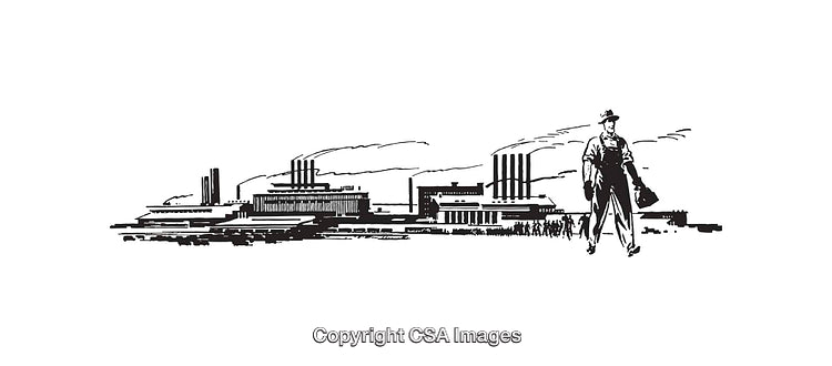 Industrial Line Art with Factory and Worker Illustration