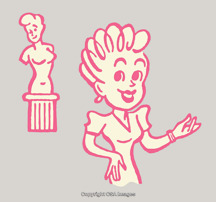 Colorful Line Art Illustrations of a Woman and Classical Sculpture