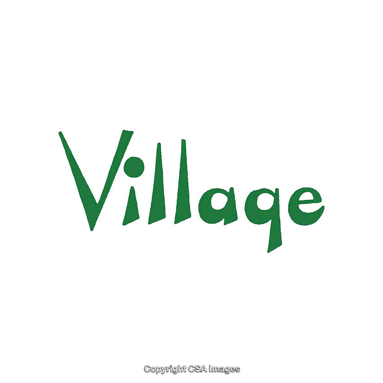 Green Word Art Spelling 'Village' in Decorative Font on White Background
