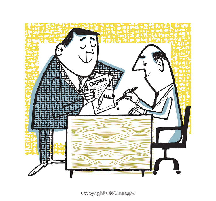 Cartoon Illustration of Businessmen Signing an Order Document