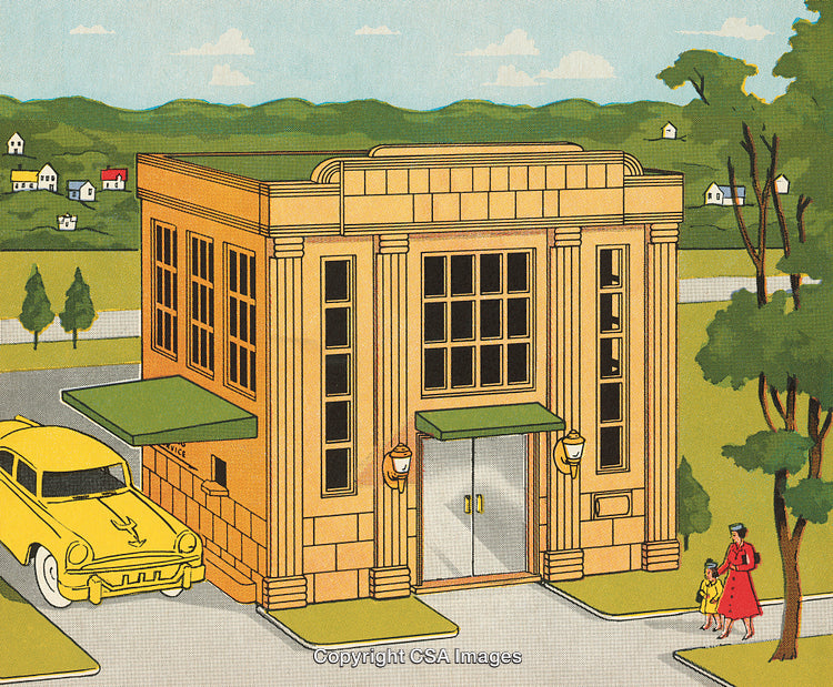 Vintage Illustration of a Building With Surroundings and Stylized Characters