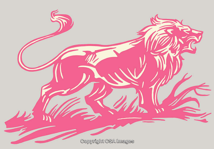 Vibrant Line Art Illustration of a Roaring Pink Lion in Motion