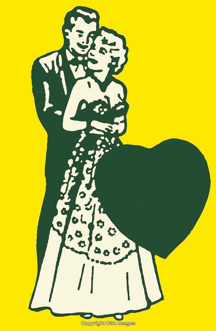 Classic Retro Style Couple Illustration with Bright Yellow Background and Love Symbol