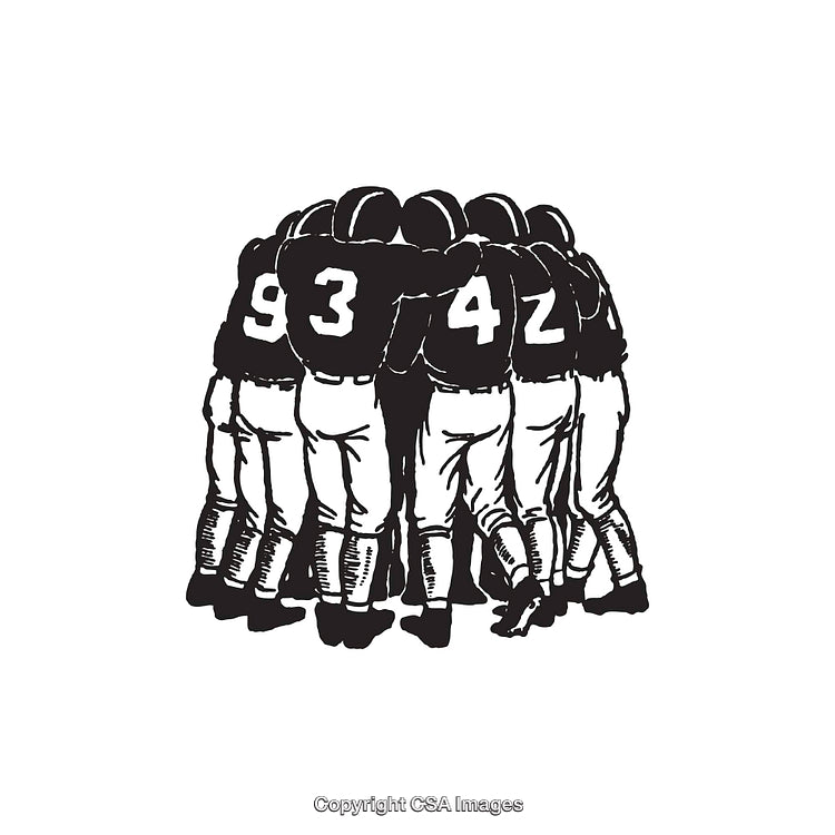 Team Huddle of Football Players in Black and White Line Art