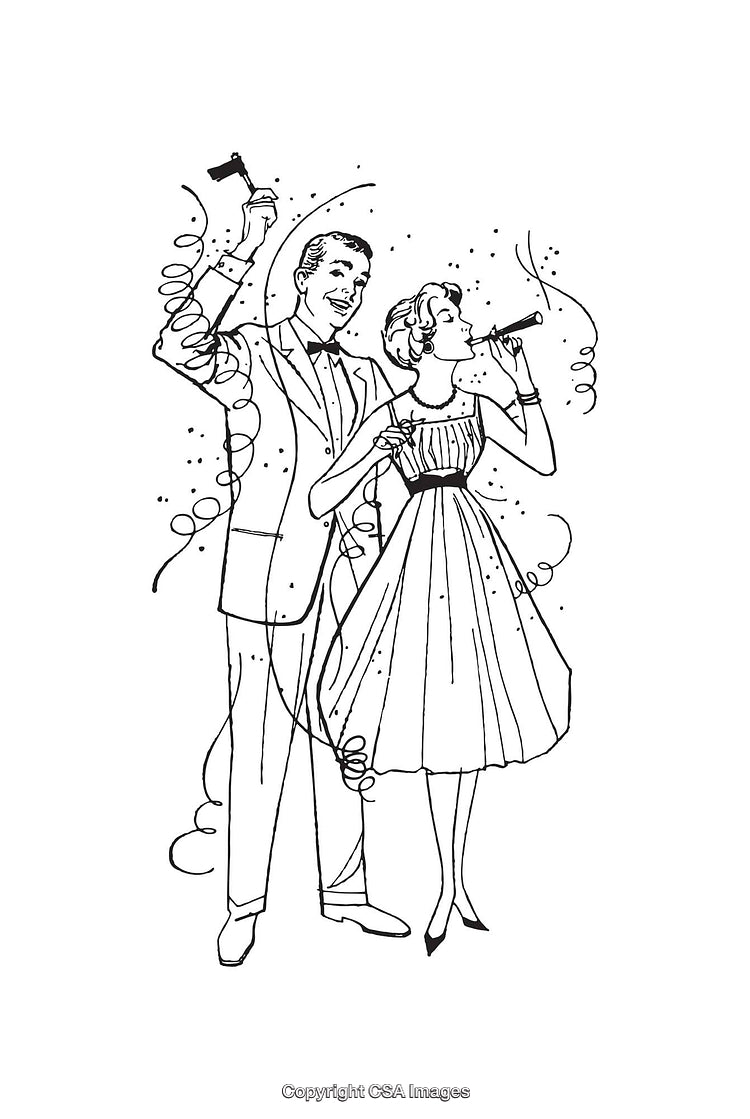 Elegant Celebration Depicted in Vintage Style Black and White Line Art