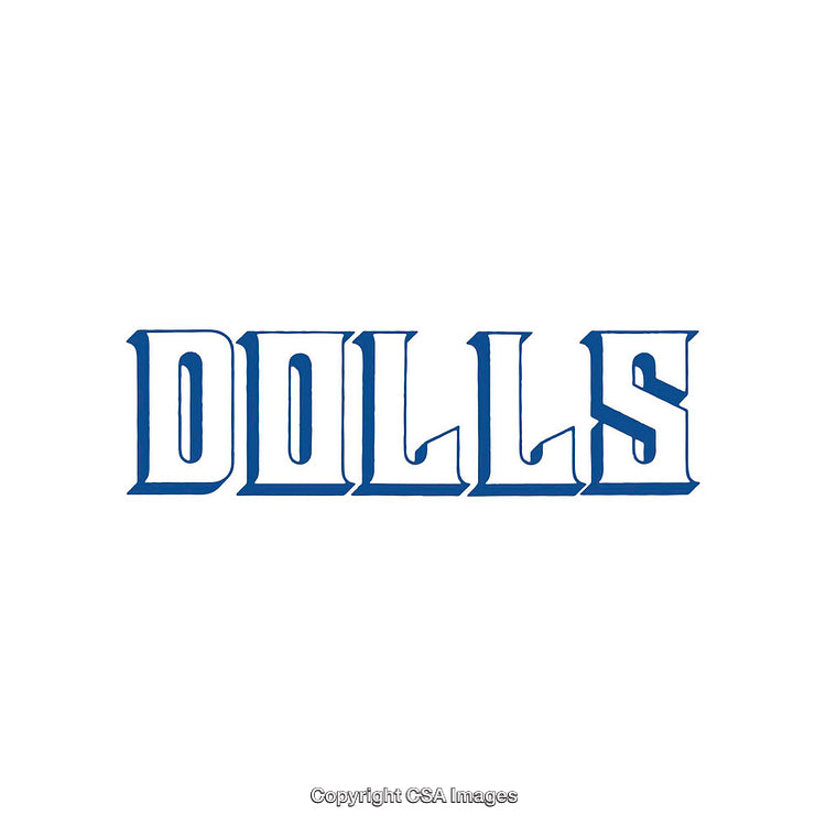 Stylized Typography Reading 'Dolls' in Bold Blue Letters on White Background