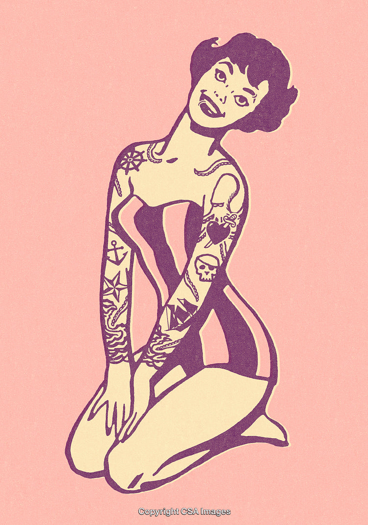 Vintage Artwork of a Woman with Elaborate Tattoos in Pastel Colors