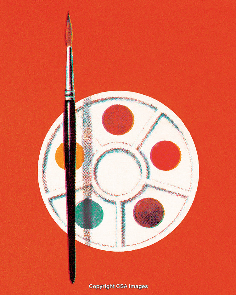 Creative Artwork Featuring Paintbrush and Color Palette on Vibrant Red Background