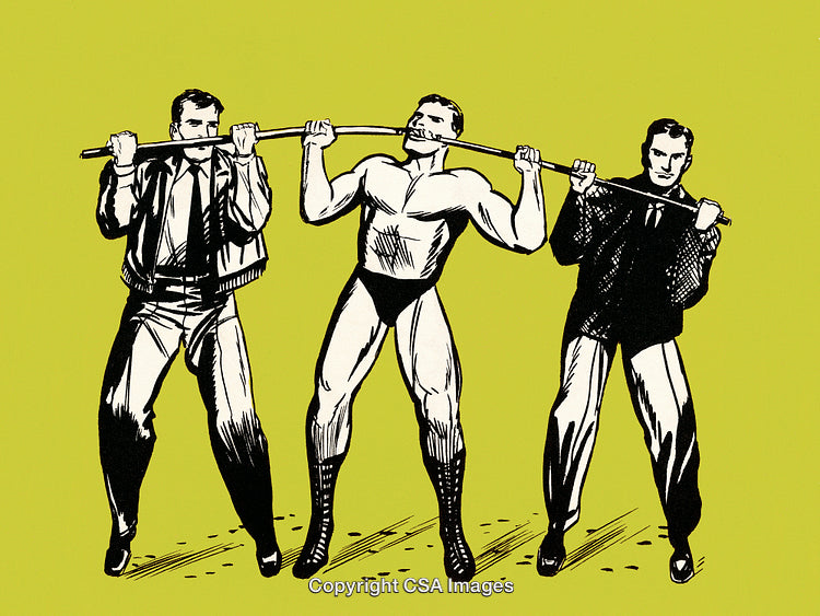 Strength Demonstration Featuring Three Men Holding Wooden Bar on Green Background