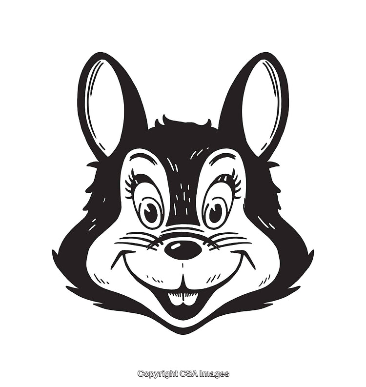 Black and White Illustration of a Cartoon Animal Face with Big Ears