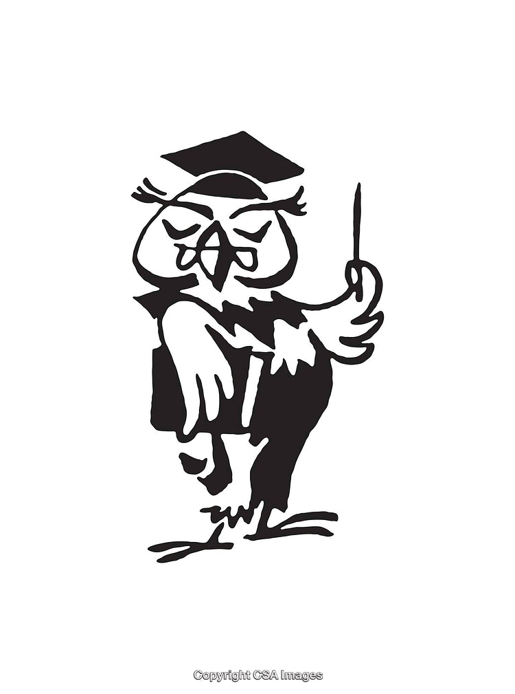 Cartoon Owl Professing Wearing Graduation Cap in Black and White Art