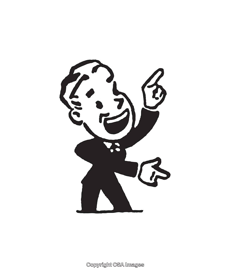 Black and White Illustrated Cartoon Gentleman Pointing With Enthusiasm