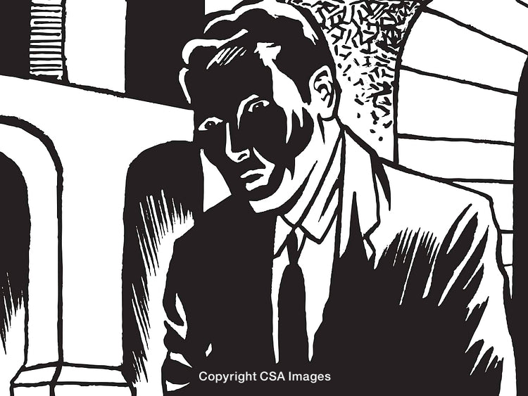 Black and White Illustration of a Thoughtful Businessman in an Urban Setting