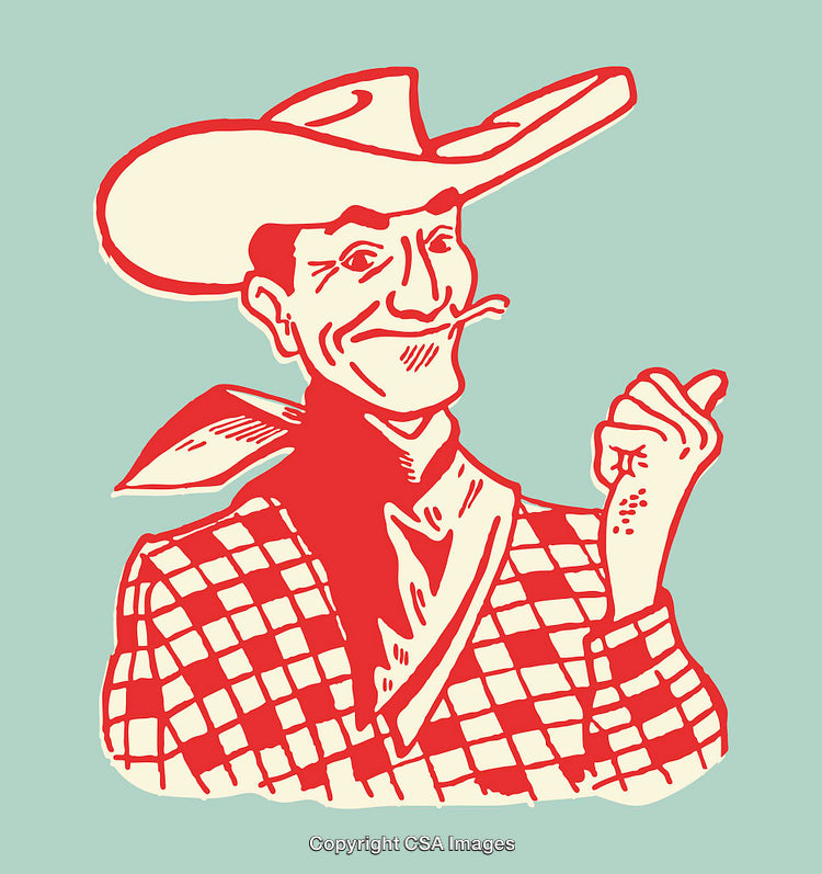 Vintage Western Man Illustration in Bold Red and Soft Green Style