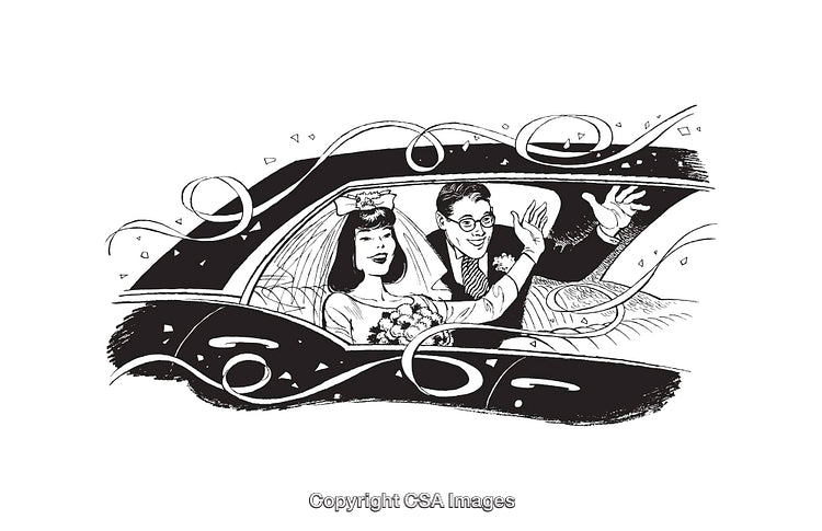 Black And White Line Art Illustration of a Happy Newlywed Couple in Car