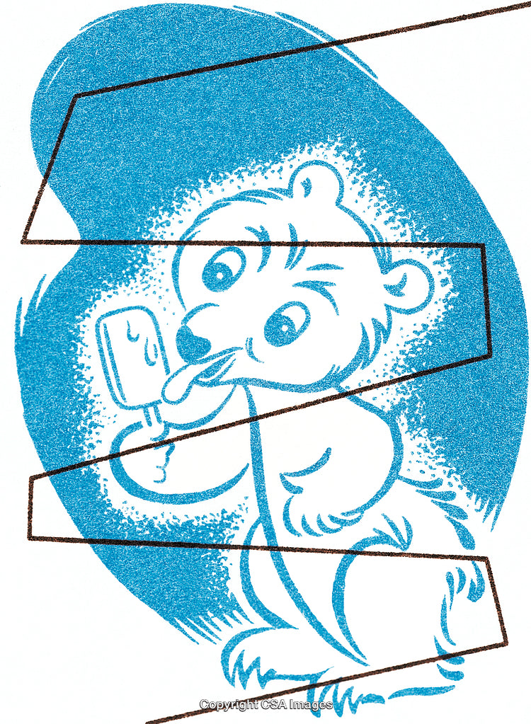 Cheerful Bear Illustration Licking Ice Cream in Whimsical Blue Artwork