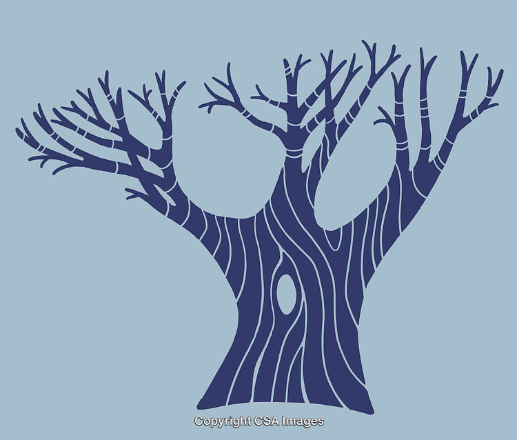 Abstract Blue Tree Illustration with Intricate Line Art on Blue Background