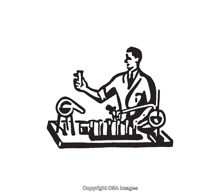 Scientist Conducting Lab Experiments in Black and White Line Art Illustration
