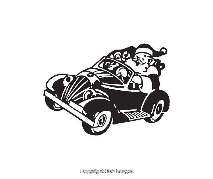 Retro Santa Claus Driving a Sleigh-Inspired Car with Gifts and Joy