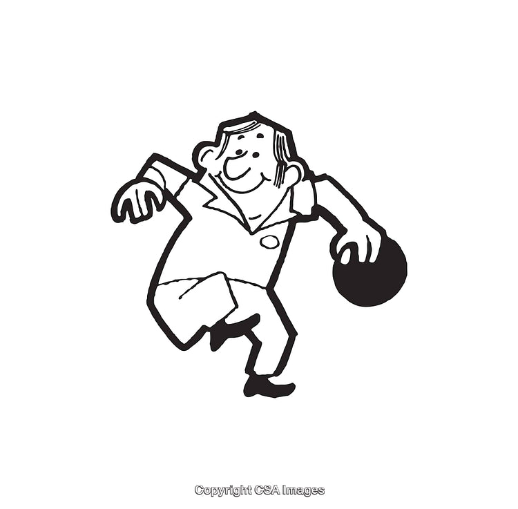 Illustrated Man Bowling in Black-and-White Line Art Style