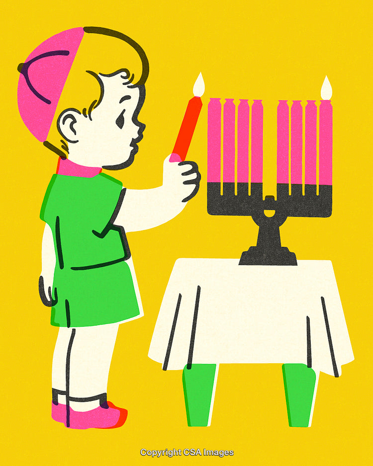 Illustration of a Child Lighting a Menorah for Hanukkah Celebration