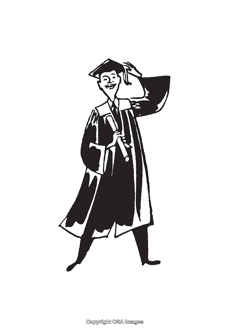 Black And White Illustration of a Graduate with Cap and Diploma
