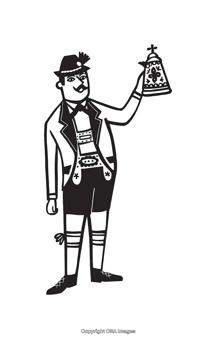 Black and White Line Art Illustration of Traditional Bavarian Man With Beer Stein