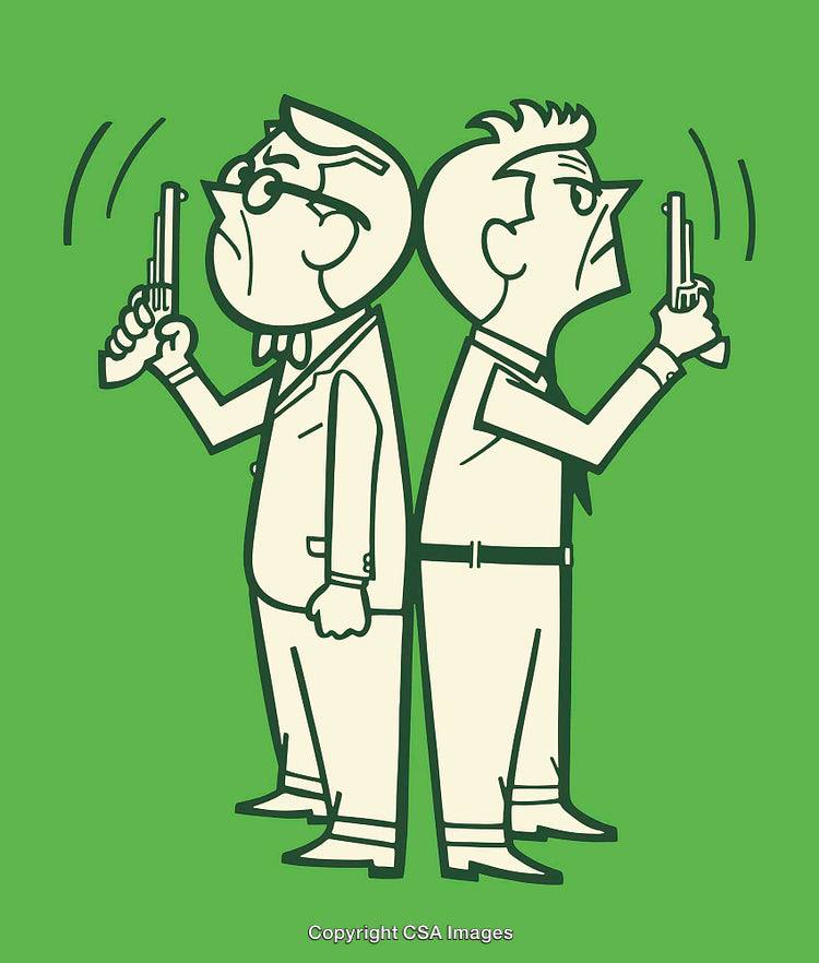 Retro Illustration of Two Men Back-to-Back Pointing Pistols Outdoors