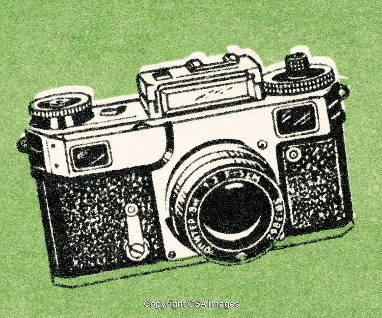 Detailed Illustration of a Vintage Camera on Green Background