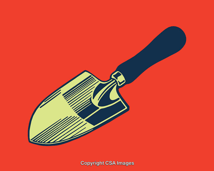 Stylized Line Art Illustration of a Trowel on a Red Background