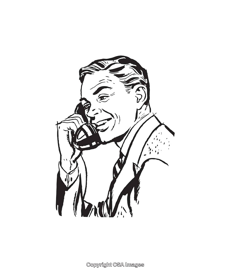 Retro Black and White Illustration of Man Talking on a Telephone